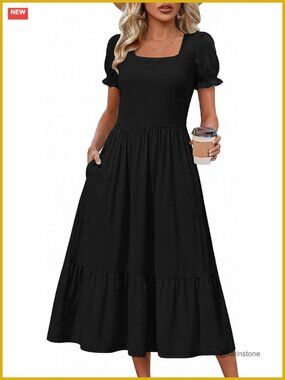 Flowy Midi Tiered Dress with Pockets Short Sleeve Square Neck